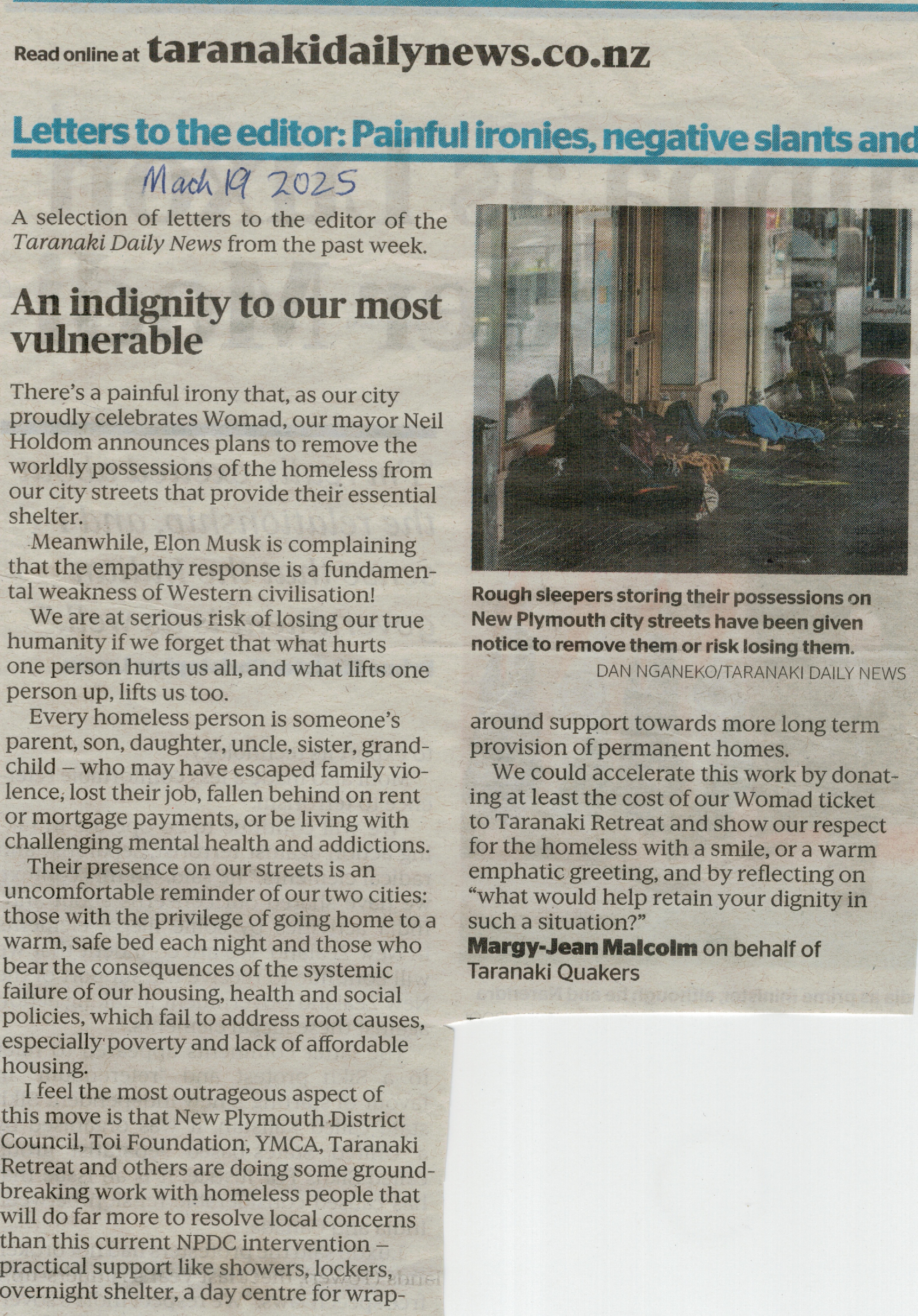 This year we wrote to our newspaper and spoke to our local Council in support of caring action on homelessness. 