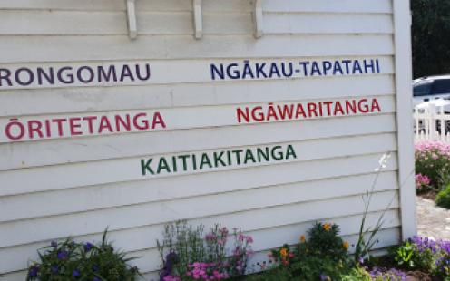 testimonies in te reo on side of Meeting House